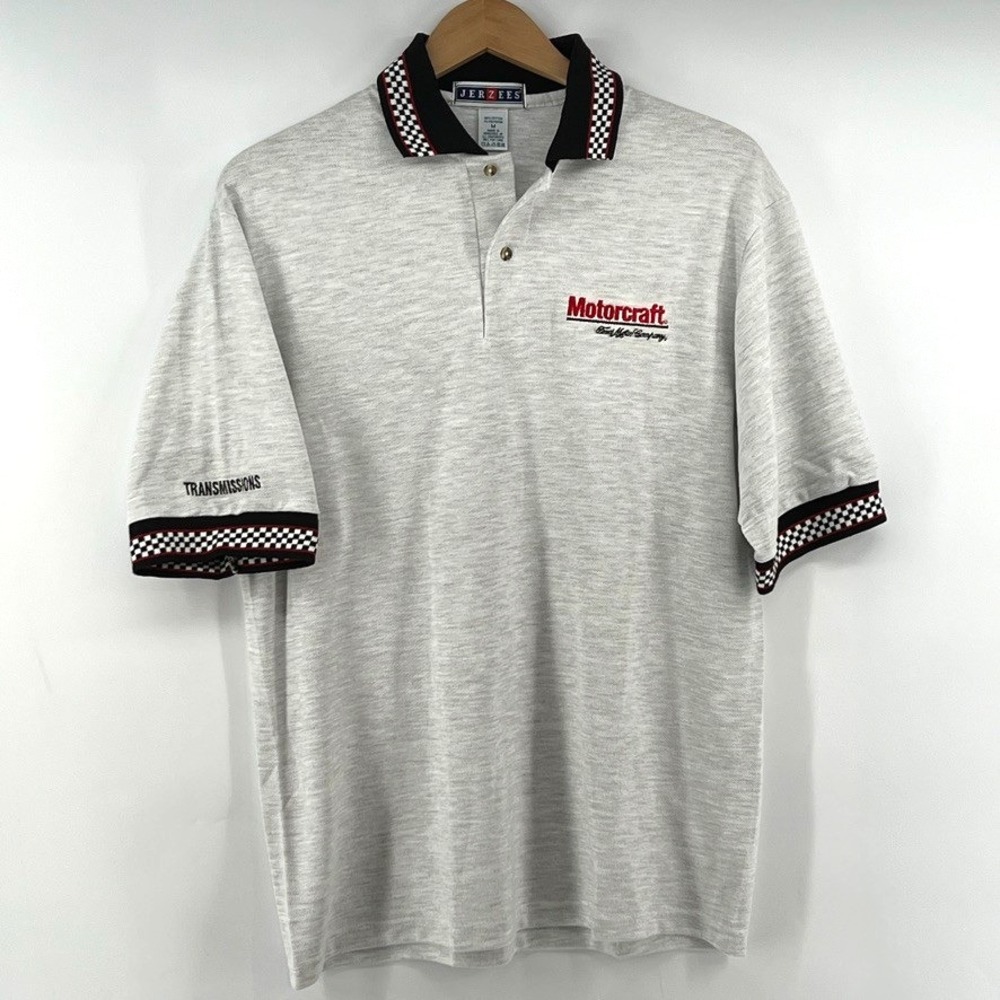 Vtg 90s Jerzees Motorcraft Ford Racing Polo Shirt M Gray Checkered Trim NASCAR